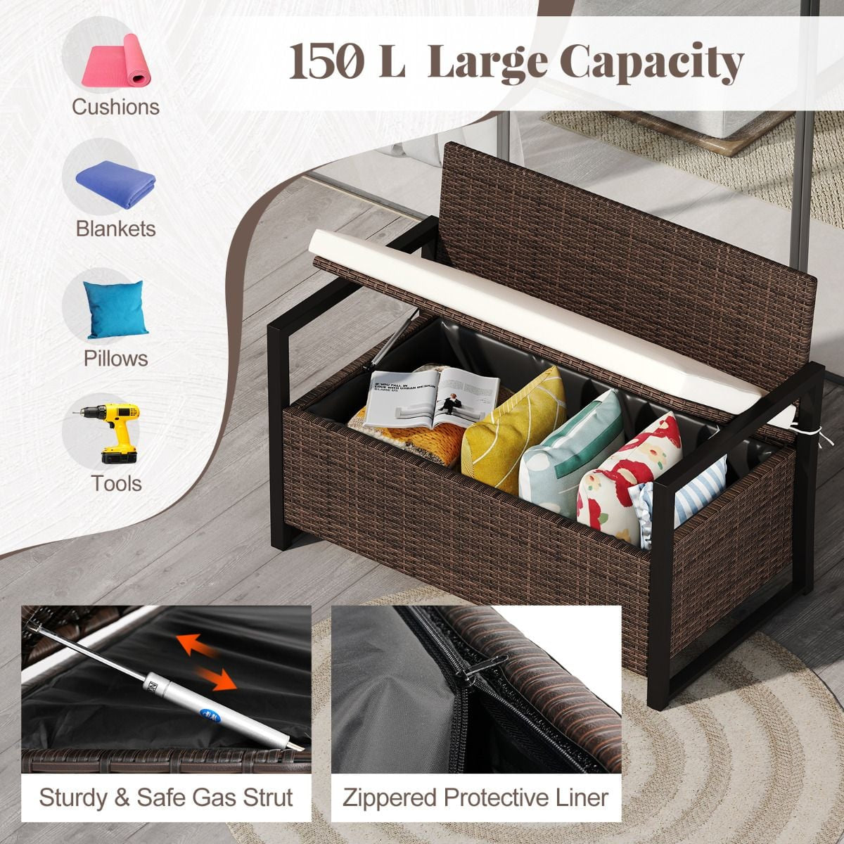 150L Outdoor Storage Bench with Padded Cushion