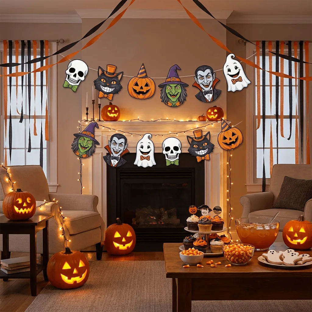 Cartoon Halloween Character Banner Witch Vampire Ghost Pumpkin Black Cat Skull Bunting Garland for Indoor Home Party Decor