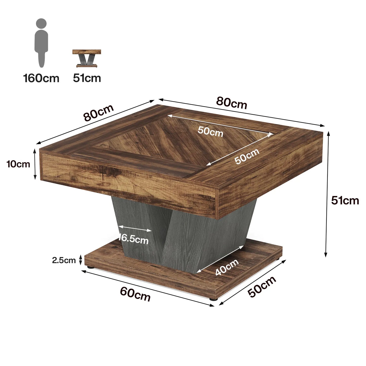 80Cm Square Coffee Table in Rustic Brown & Black - Modern Wooden Centre Table for Living Room