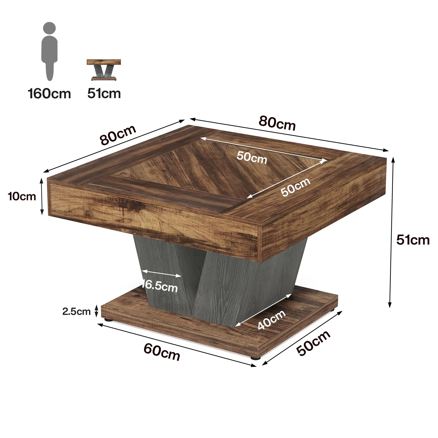 80Cm Square Coffee Table in Rustic Brown & Black - Modern Wooden Centre Table for Living Room