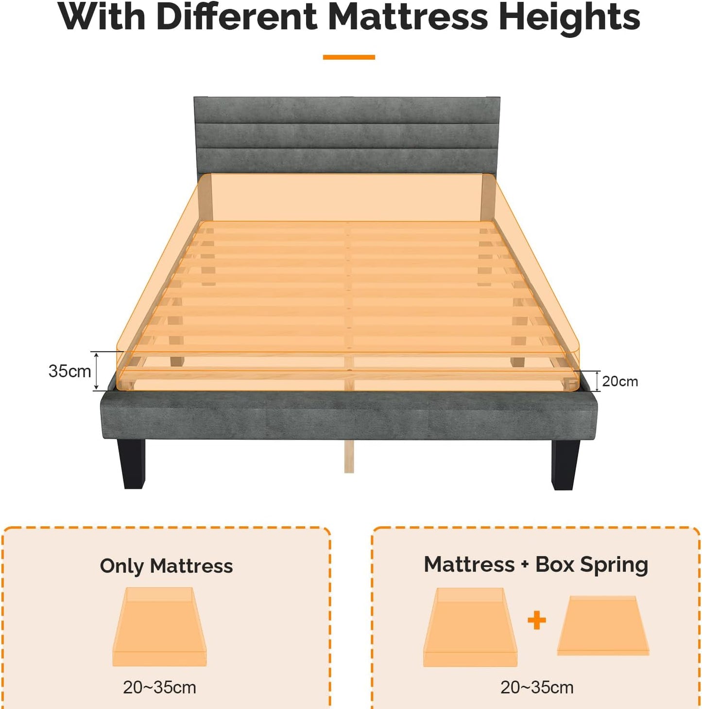 5Ft King Bed Frame, Noise-Free Upholstered Platform Bed with Adjustable Headboard & under Bed Storage - Sturdy Wooden Slat Support - No Box Spring Needed, Velvet, Dark Grey, 150 X 200 Cm