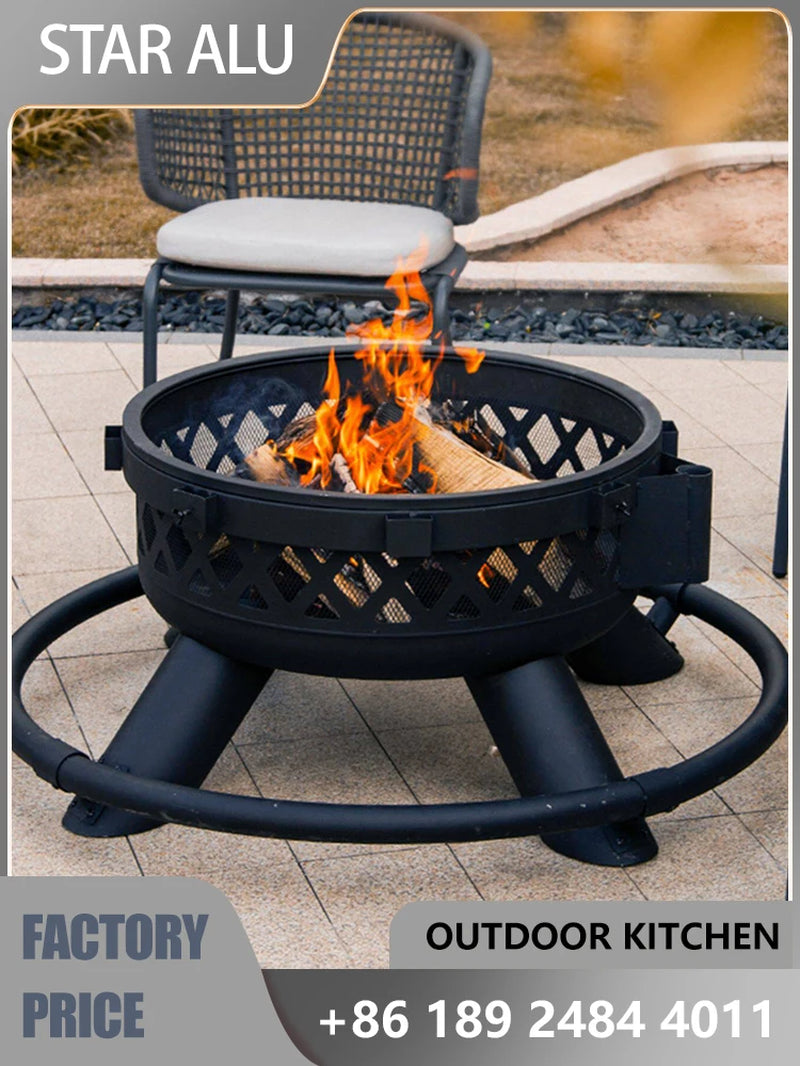 Charcoal Grill & Patio Heater 2-In-1,Area for 8-10 People, Heavy Duty Black Steel Fire Pit with Wheels, Outdoor BBQ