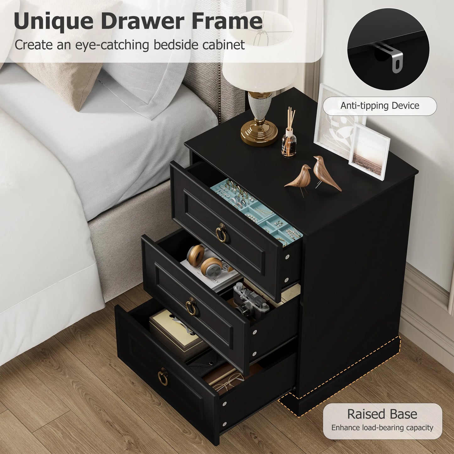Bedside Tables with 3 Drawers, Bedroom Nightstand, Small Chest of Drawers, Side End Table 45.5X38X64 Cm
