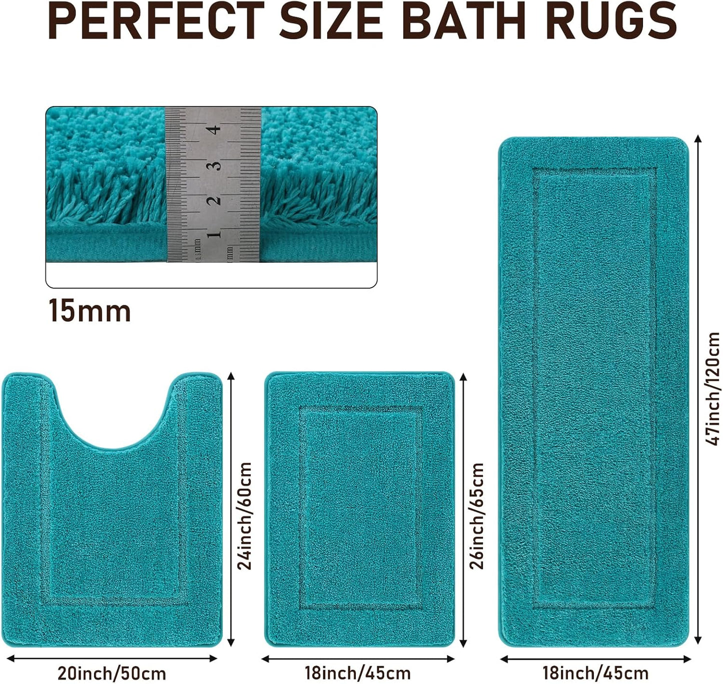 Non Slip Bath Mat Set 3 Piece Shaggy Microfiber Machine Washable Bath Mats with Toilet Rug Absorbent Soft Shower Rug for Bathroom, Turquoise