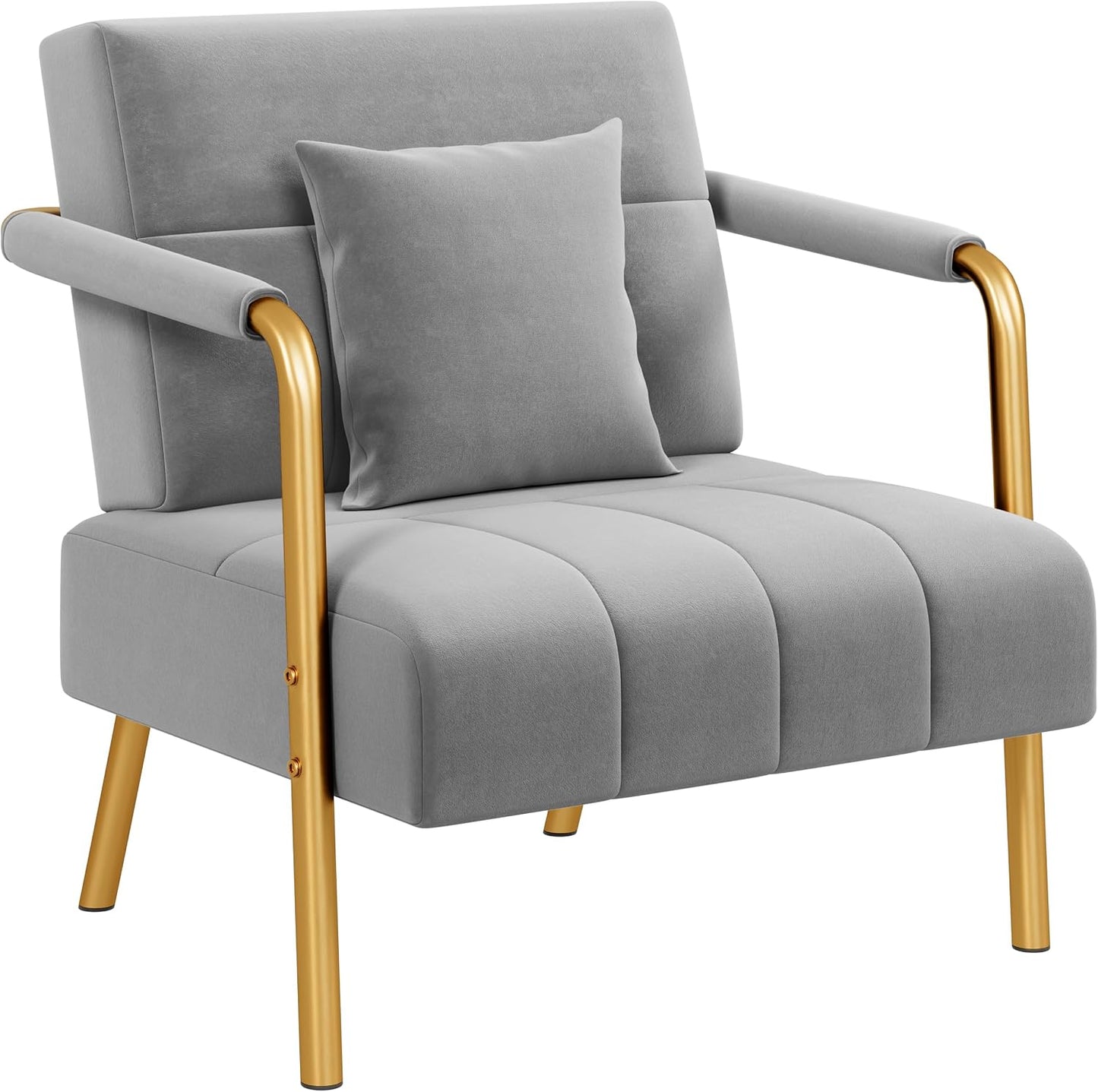 Velvet Single Sofa Chair, Gold Metal Arms Living Room Light Grey | Small Sofa Couch Gold-Tone Metal Arms and Legs Pillows for Bedroom, Home Office, Studio, Small Space