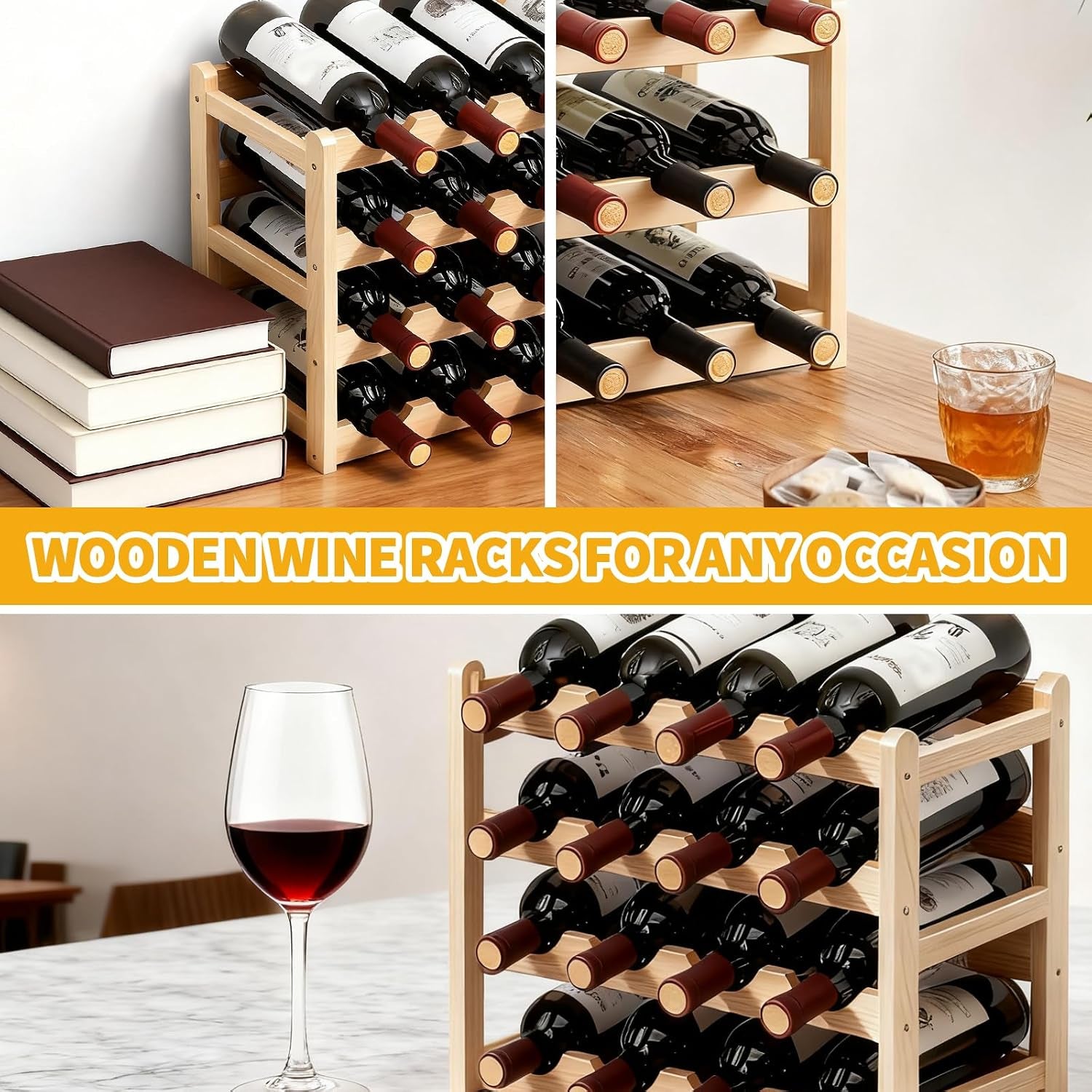 16 Bottles Wooden Wine Rack, 4 Tier Stackable Wine Storage Racks Free Standing Bottle Rack for Cupboard Home Kitchen Pantry Wine Cellar