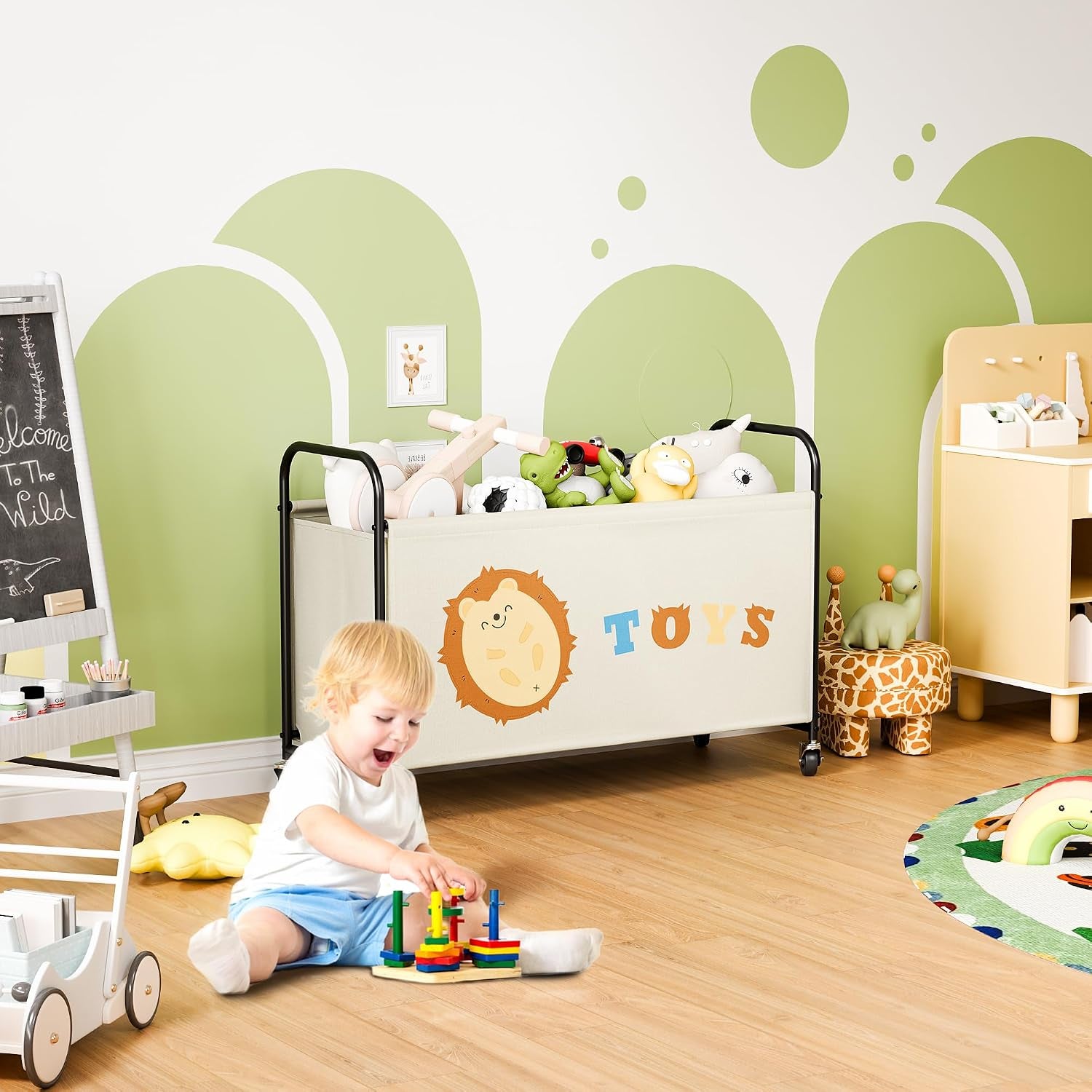 Toy Chest with Wheels, 135L Extra Large Toy Box, Storage Organiser for Kids Toys, Metal Toy Box Storage for Girls, Toy Bin for Children Nursery Play Room Organising Baby Plush Toys, Beige