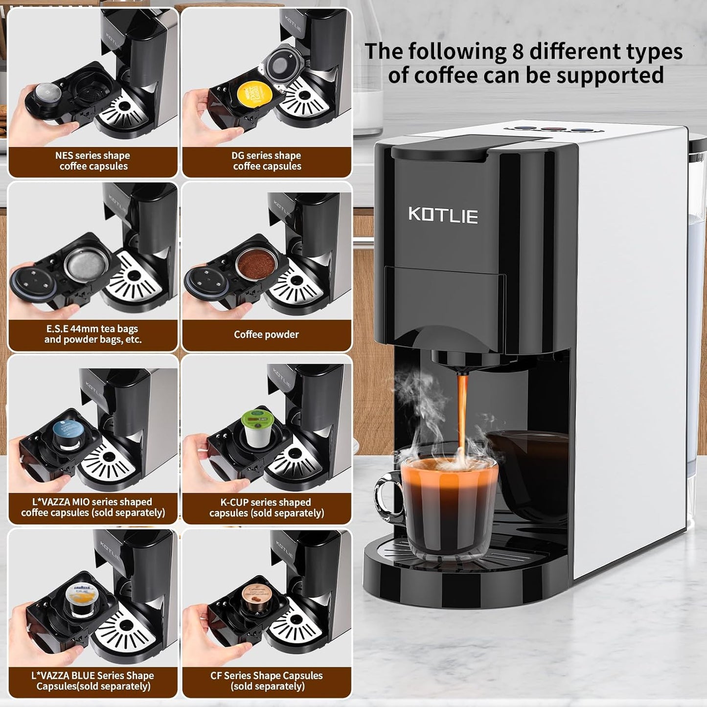 4 in 1 Pod Coffee Machines Compatible with Nespresso Original, Dolce Gusto, Ground Coffee and ESE Coffee Pods, 19 Bar Automatic Espresso Coffee Capsule Machine for Home Kitchen Office, Classic