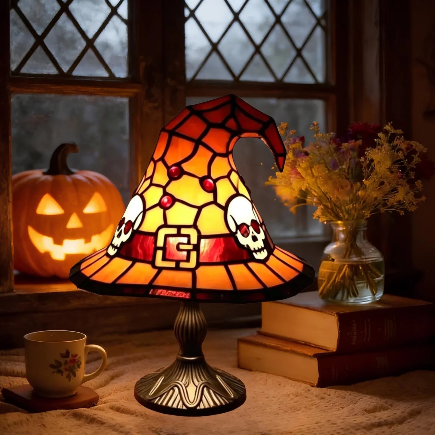 Stained Glass Witch Hat Lamp Magic LED Witch-Hat Lamp USB Creative Table Lamp Night Light for Bedroom Room Decor Halloween