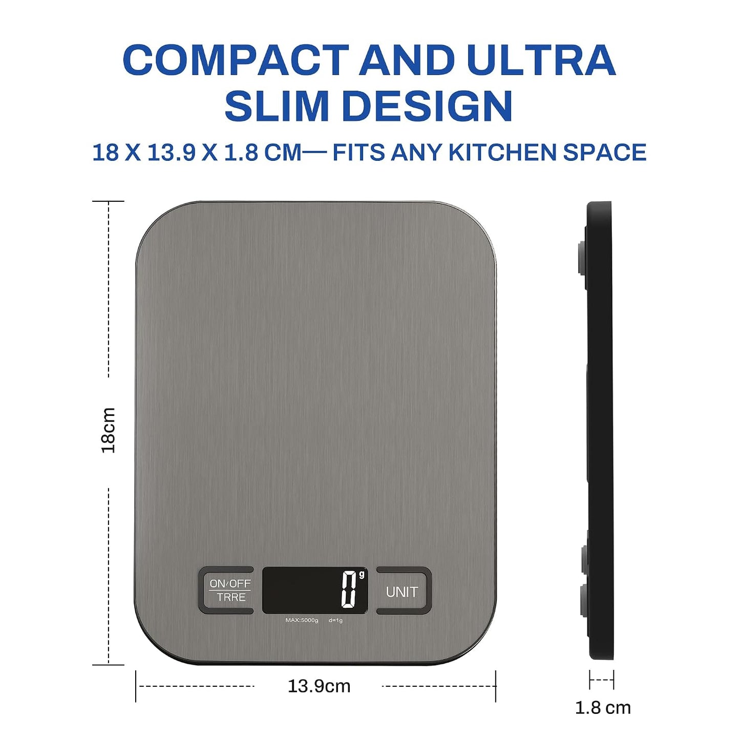 Digital Food Scales, 5Kg/1G High Precision Food Scale with 6 Units & Tare, LCD Display, Compact Kitchen Scales Digital for Cooking, Baking, Battery Powered with 2 AAA Included Weighing Scales Kitchen