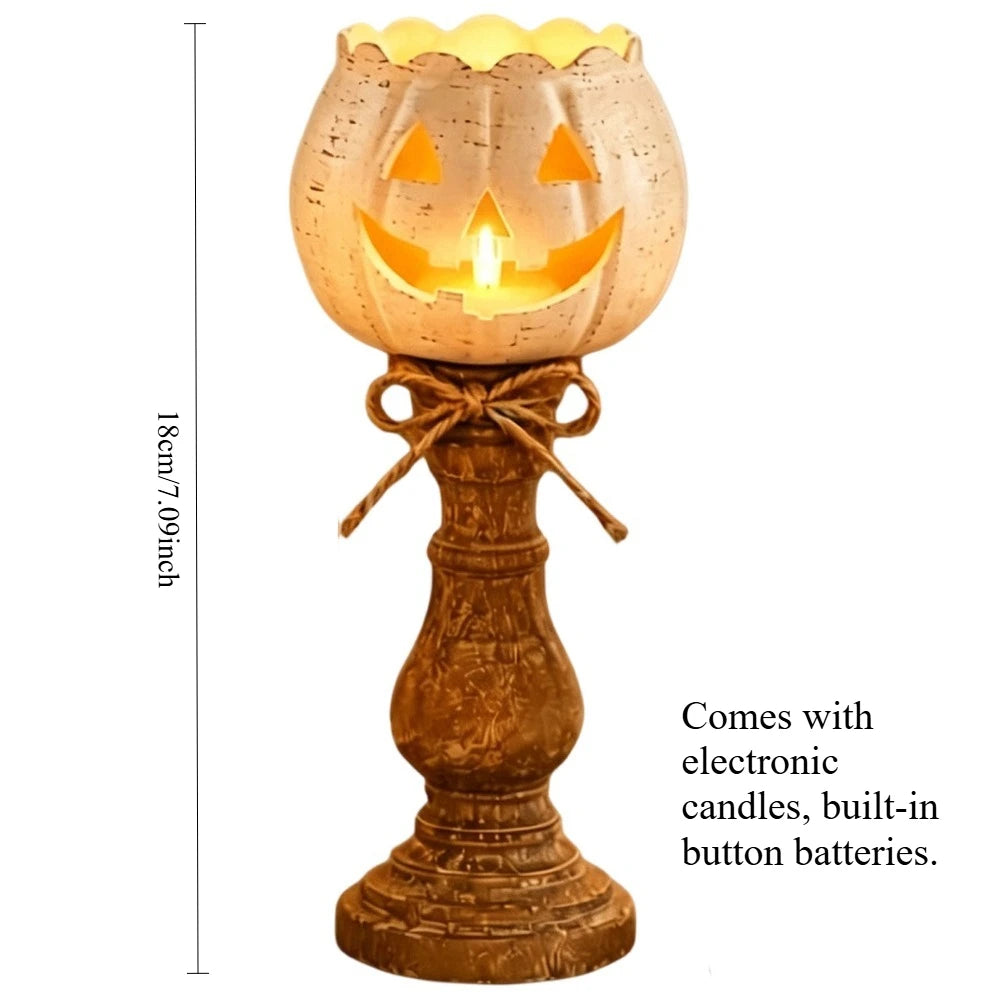 Halloween Pumpkin Candle Holder, Rustic Jack O Lantern Candlestick Tabletop Decor for Fall Harvest Party