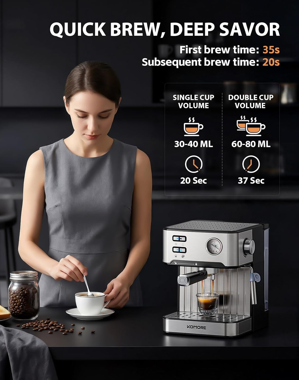 Espresso Machine, 20 Bar, 1.6L, Stainless Steel Coffee Machines | Milk Frother, Removable Water Tank, Warm Cup Area, Memory Function, Latte Machine, Espresso & Cappuccino Machines for Home