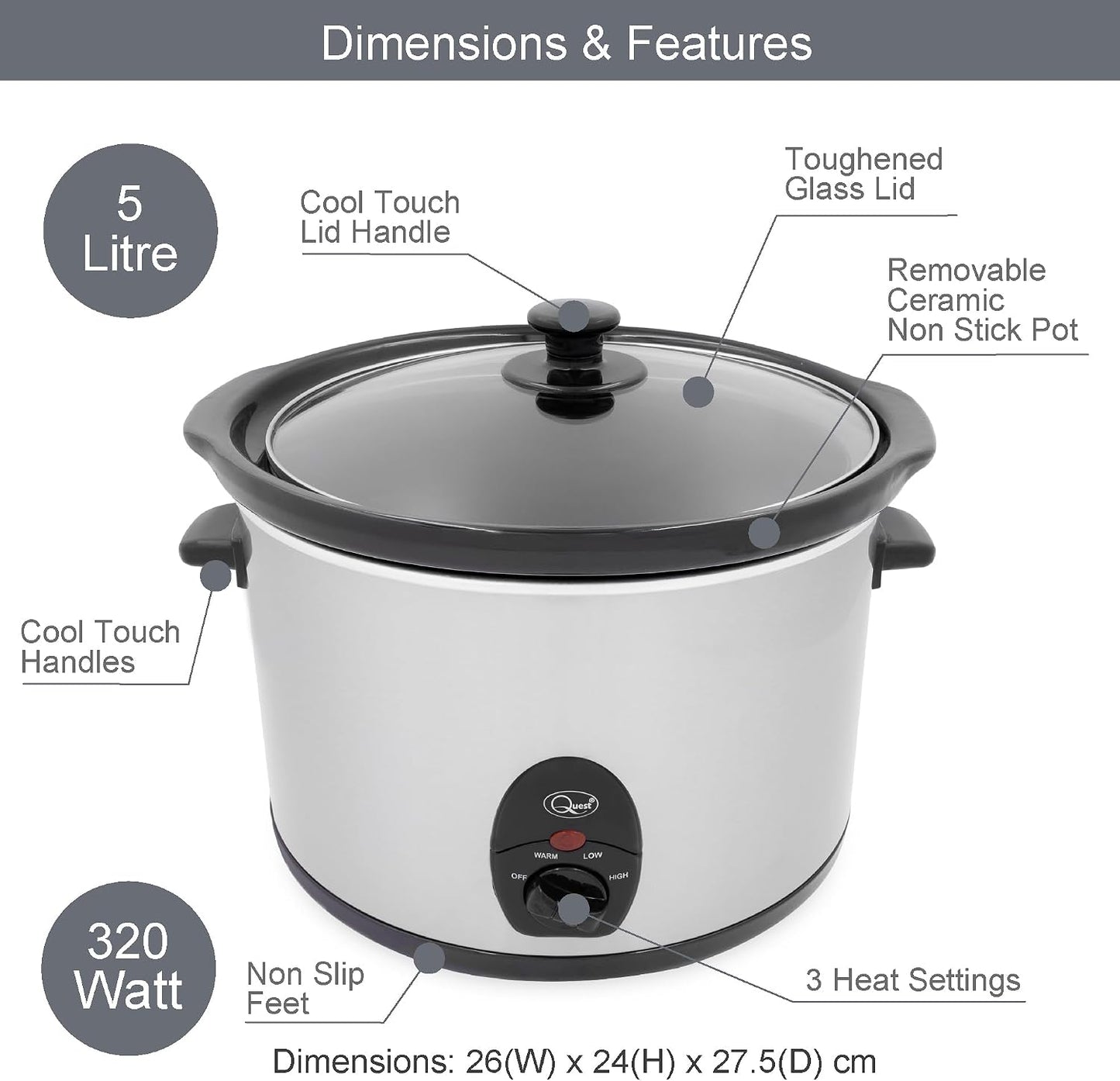 35280 Slow Cooker / 5 Litres/Compact Stainless Steel / 320W / 3 Temperature Settings/Transparent Toughened Glass Lid/Dishwasher Safe