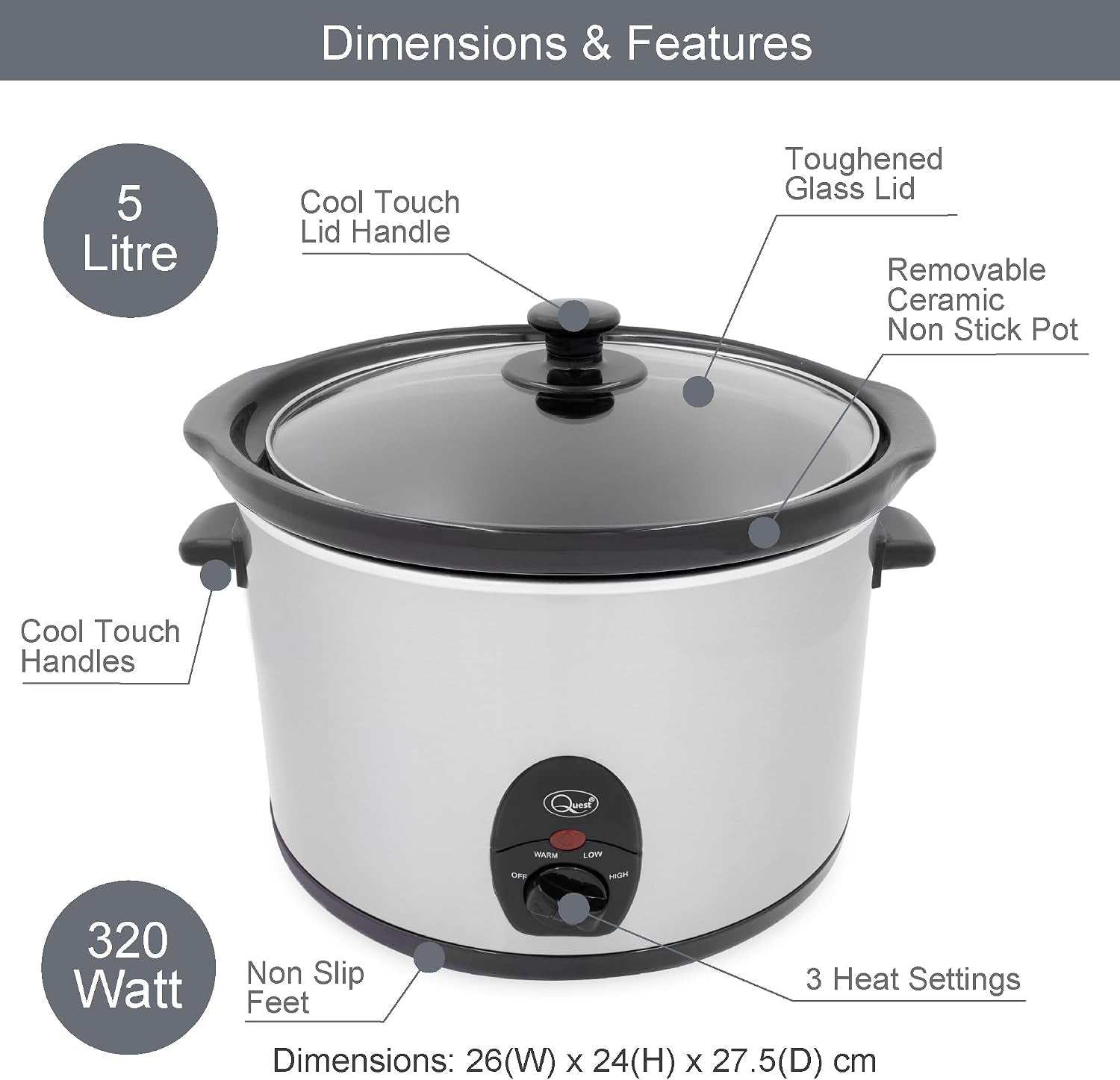 35280 Slow Cooker / 5 Litres/Compact Stainless Steel / 320W / 3 Temperature Settings/Transparent Toughened Glass Lid/Dishwasher Safe