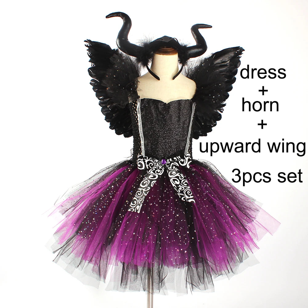 Glittery Black & Purple Kids Evil Witch Tutu Dress Girls Dark Fairy Witch Tutu Halloween Cosplay Costume with Horns and Wings