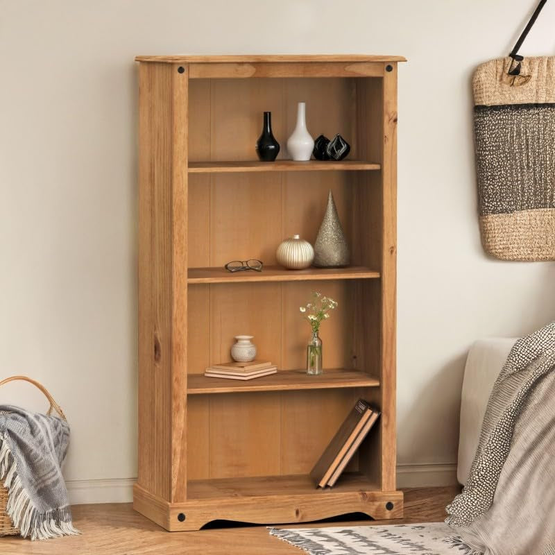 Corona Solid Wood Pine Medium Bookcase Wooden Open Shelving Unit Office Living Room Lounge Hallway Shelves Dresser Book Stand Mexican Style 150Cm High 82Cm Wide 29Cm Deep