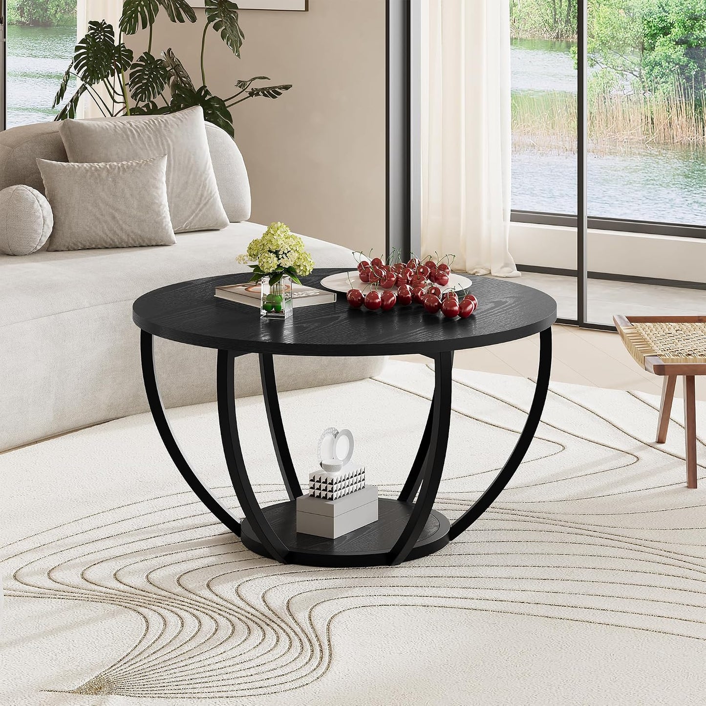 round Coffee Table,Accent Center Table for Living Room,Black | Black Coffee Table,Wooden 2-Tier Circle Coffee Tables with Storage Shelves,Sofa Table for Home Office,Easy Assembly