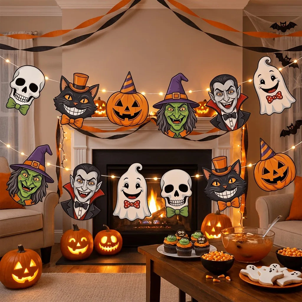 Cartoon Halloween Character Banner Witch Vampire Ghost Pumpkin Black Cat Skull Bunting Garland for Indoor Home Party Decor