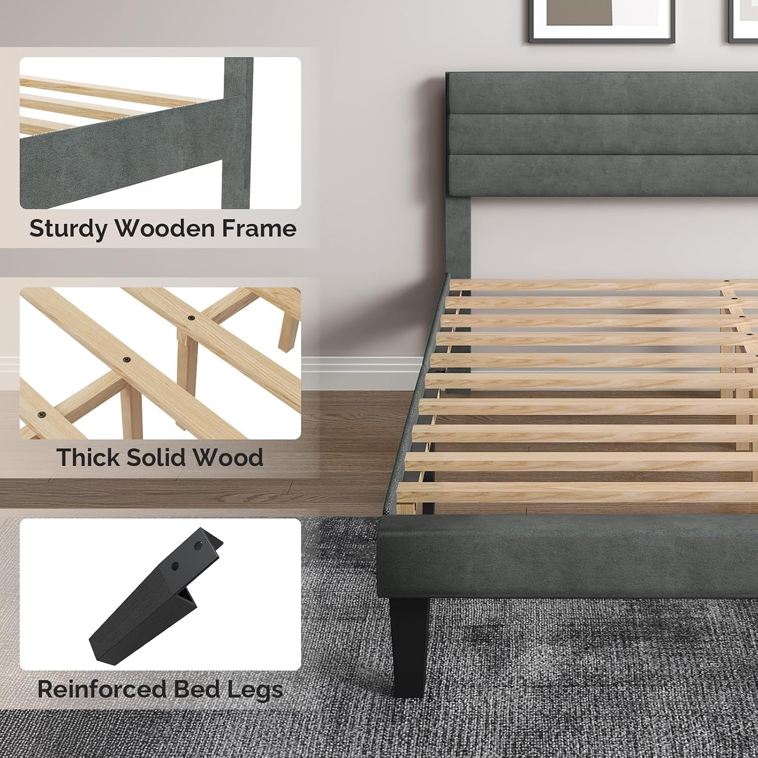 5Ft King Bed Frame, Noise-Free Upholstered Platform Bed with Adjustable Headboard & under Bed Storage - Sturdy Wooden Slat Support - No Box Spring Needed, Velvet, Dark Grey, 150 X 200 Cm