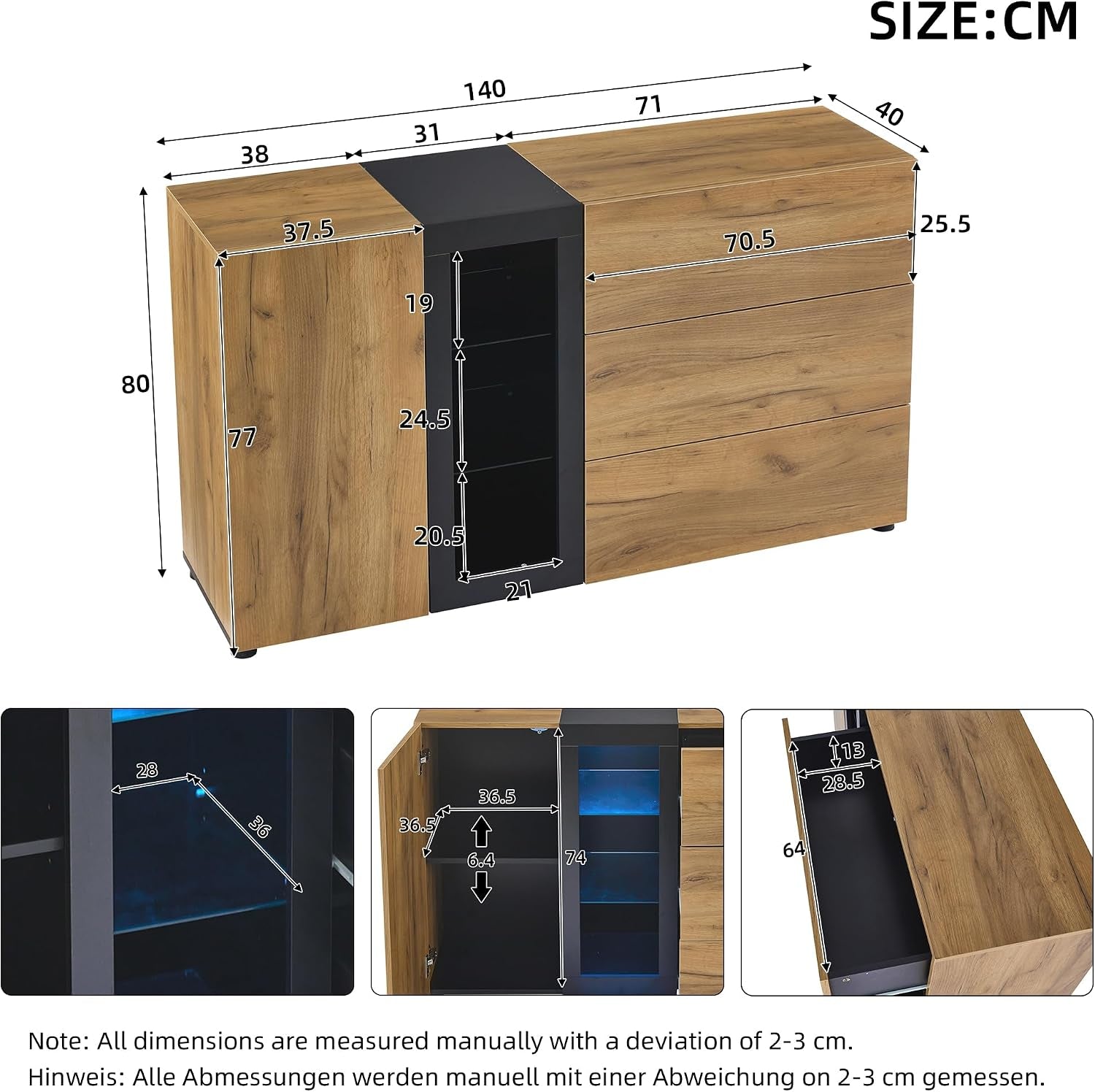 Chest of Drawers Bedroom with 3 Drawers, 1 Door, 1 Shelf Storage Cabinet, and 4 Open Compartments, Ample Storage Space, Functional Sideboards for Living Room, Black & Brown, 140X40X80Cm