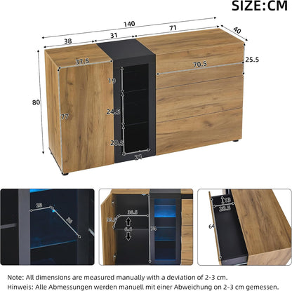 Chest of Drawers Bedroom with 3 Drawers, 1 Door, 1 Shelf Storage Cabinet, and 4 Open Compartments, Ample Storage Space, Functional Sideboards for Living Room, Black & Brown, 140X40X80Cm