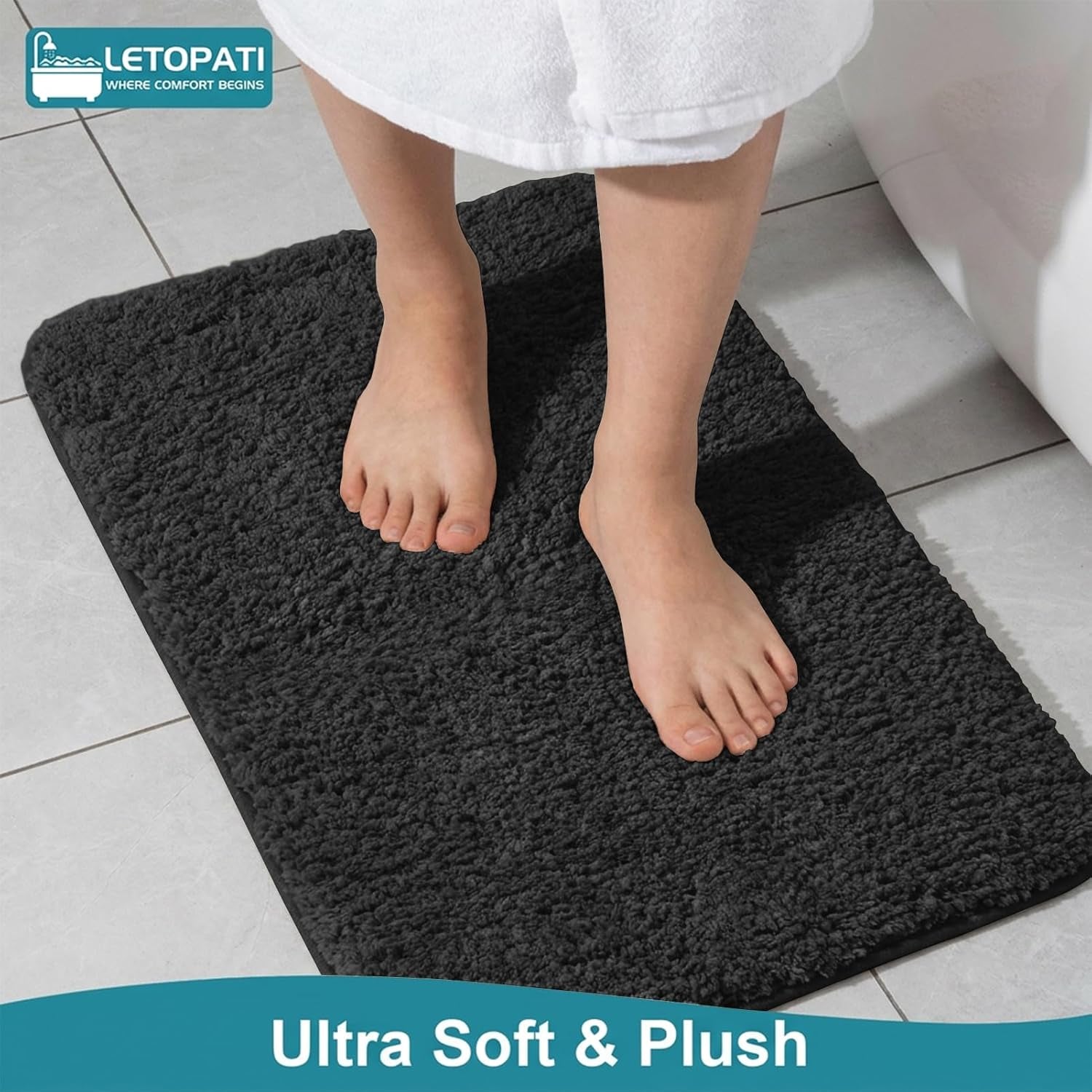 Bath Mat Sets 3 Piece, Non Slip Rubber Backing Bath Mats for Bathroom Floor, Extra Soft Microfiber Bathroom Mat and Toilet Mat, Absorbent Washable Bath Rug Sets,Black