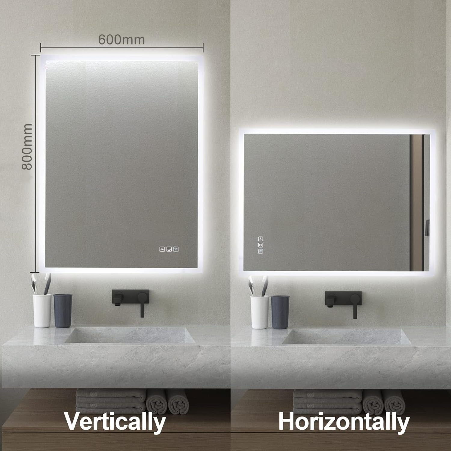 800X600 Mm Backlit Illuminated Bathroom Mirrors, Wall Mounted Multifunction Bathroom Vanity Mirror with LED Lights, Adjustable Light, anti Fog, Memory Dimming Function, Vertical/Horizontal
