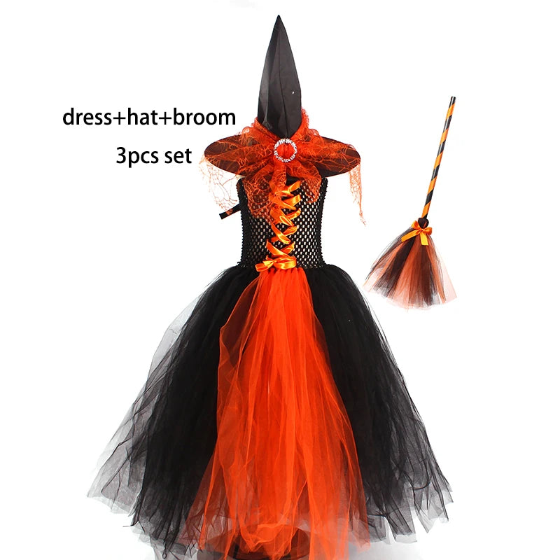 Girls Gothic Halloween Ghost Witch Costume Flare Sleeve Kids Gown Robe Tutu Dress with Witch Hat for Purim Carnival Party