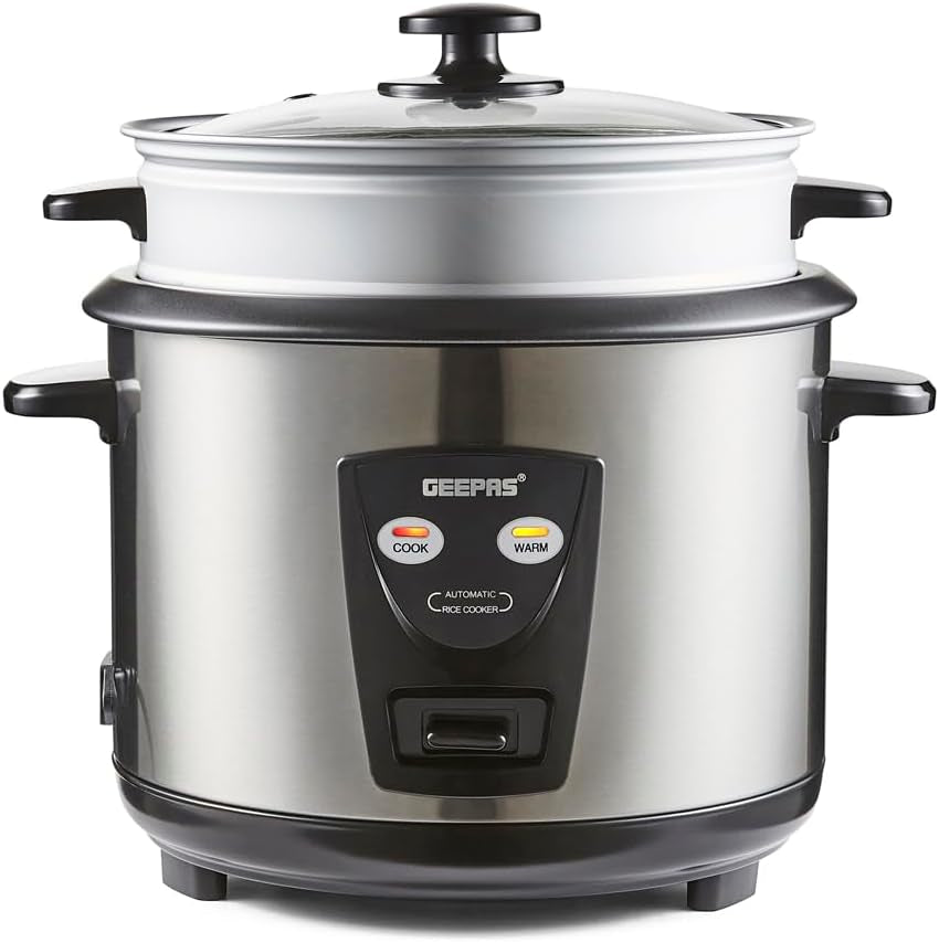 1.8L Rice Cooker with Steamer Keep Warm Auto Cooking 700W Silver | Non-Stick Inner Pot Includes Measuring Cup, Spatula & Tempered Lid