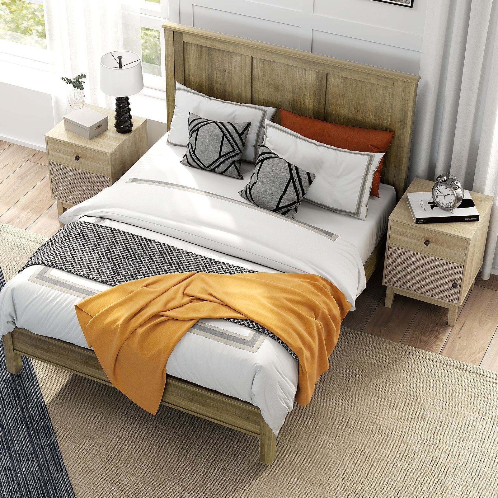 Modern Rattan Nightstand with Storage Drawer and Cabinet
