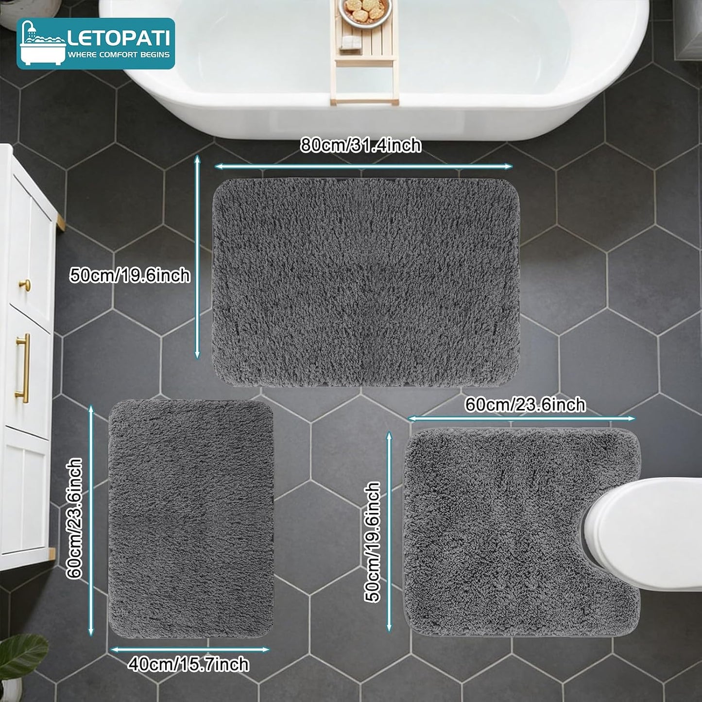 Bath Mat Sets 3 Piece, Non Slip Rubber Backing Bath Mats for Bathroom Floor, Extra Soft Microfiber Bathroom Mat and Toilet Mat, Absorbent Washable Bath Rug Sets, Dark Grey