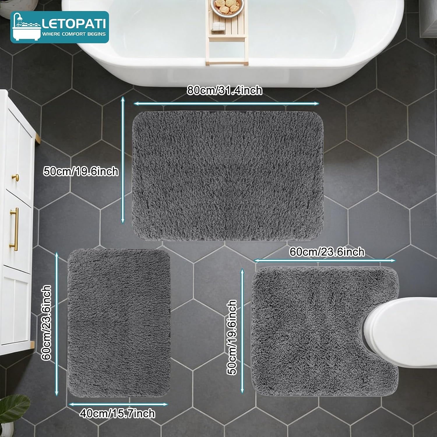 Bath Mat Sets 3 Piece, Non Slip Rubber Backing Bath Mats for Bathroom Floor, Extra Soft Microfiber Bathroom Mat and Toilet Mat, Absorbent Washable Bath Rug Sets, Dark Grey