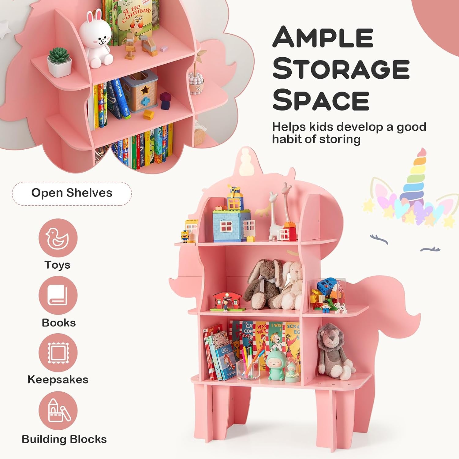 Children Bookcase, Cute Toy Storage Unit with Open Shelves, Wooden Toddler Bookshelf Organizer for Kids Room, Play Room, Nursery (Unicorn)