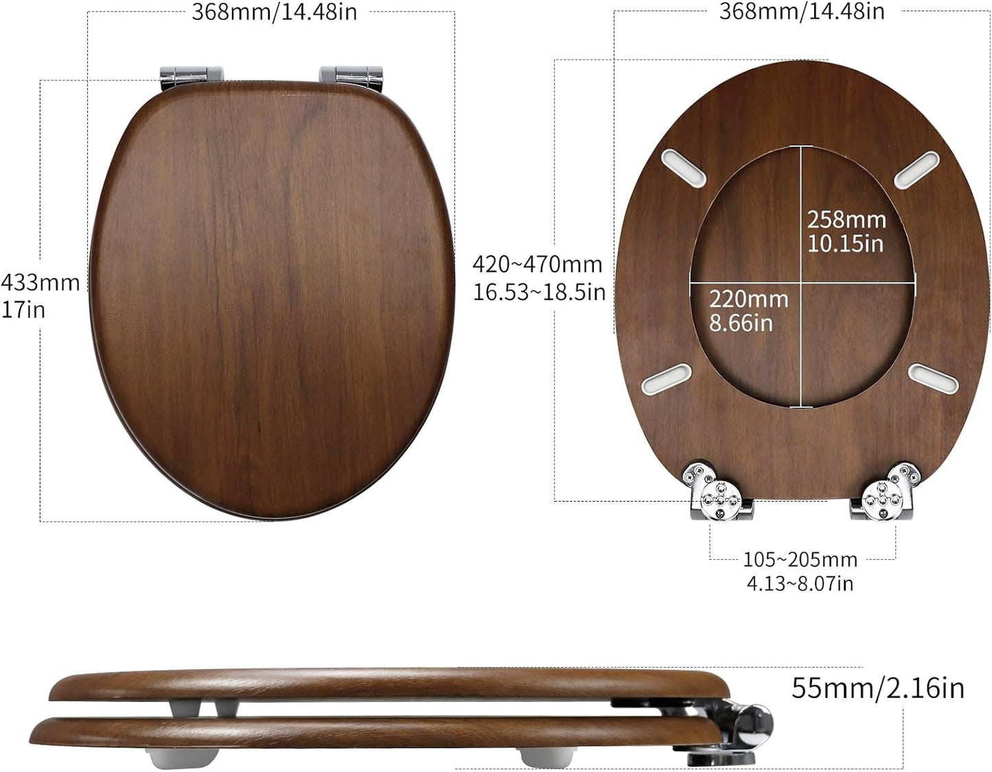 Toilet Seat Dark Walnut Wooden Soft Close with Adjustable Solid Zinc Alloy Hinges, MDF Wood Oval Toilet Seat with Bottom Fixings, Easy to Clean and Install (JH3704-01)