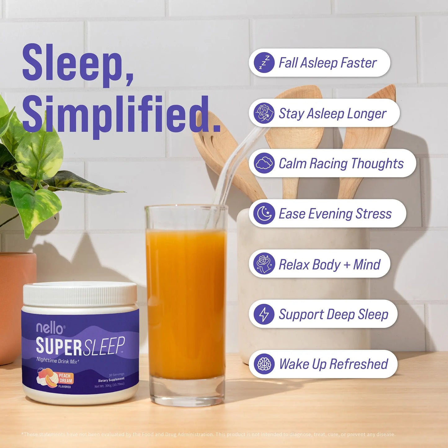 Nello Supersleep Nighttime Sleep Support Drink Mix, 30 Serving Tub, KSM-66 Ashwagandha, Maizinol, L-Glycine, Magnesium Glycinate, Melatonin-Free