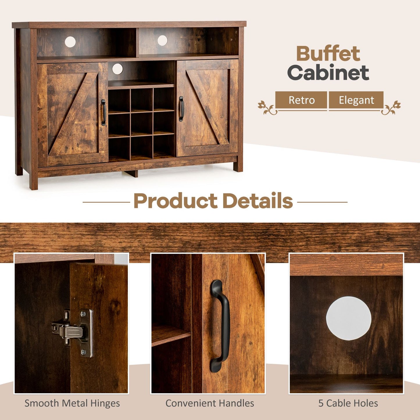 Buffet Storage Cabinet with Detachable 9-Bottle Wine Rack and 2 Door Cabinets