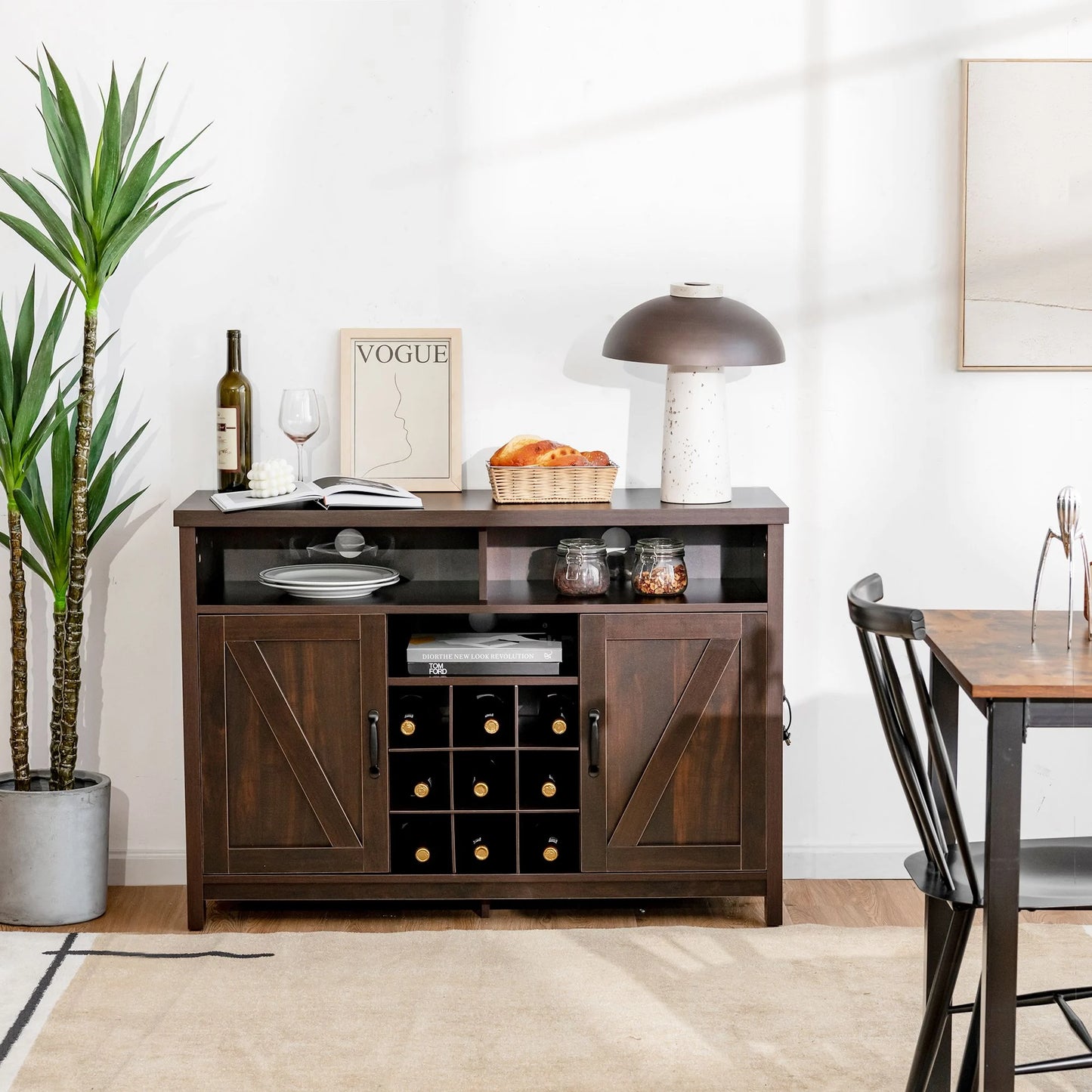Buffet Storage Cabinet with Detachable 9-Bottle Wine Rack and 2 Door Cabinets