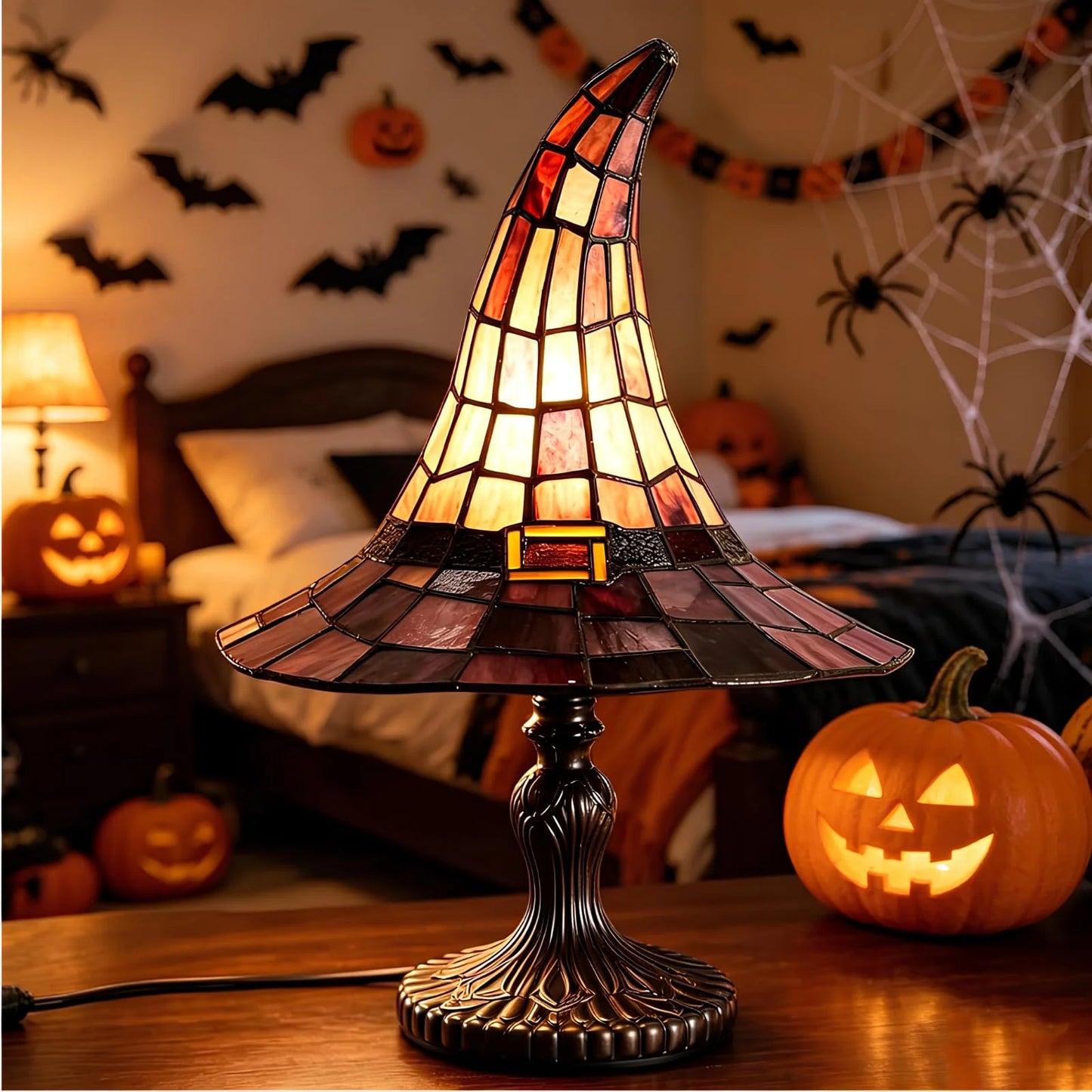 Stained Glass Witch Hat Lamp Magic LED Witch-Hat Lamp USB Creative Table Lamp Night Light for Bedroom Room Decor Halloween