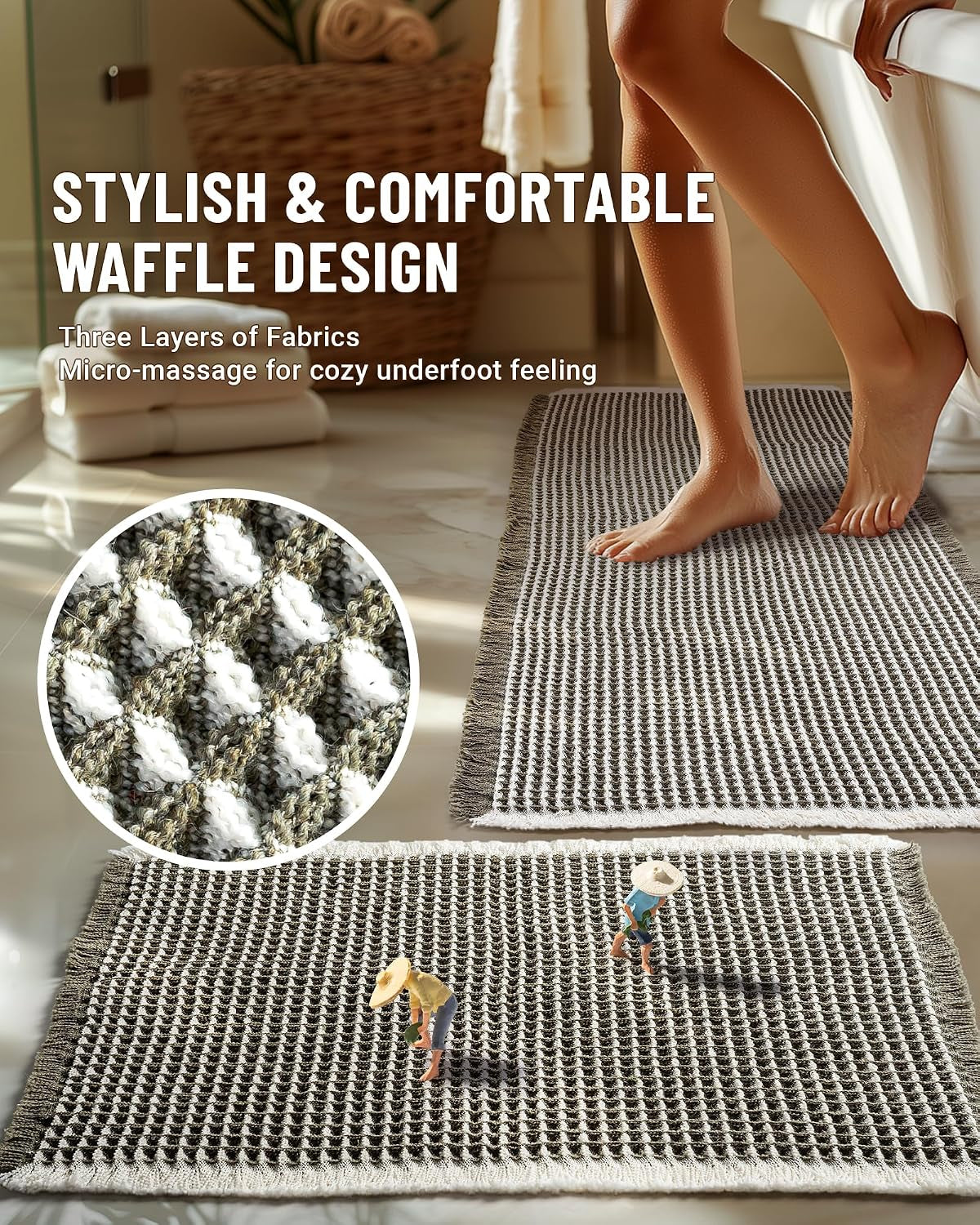 Large Waffle Bath Mat Set, Non Slip Bathroom Mat Set, Ultra Absorbent Bath Mats for Bathroom Decor, Extra Soft Floor Bathroom Rugs Sets 2 Piece, Green&White Washable Mats(51×119Cm &41×61Cm)