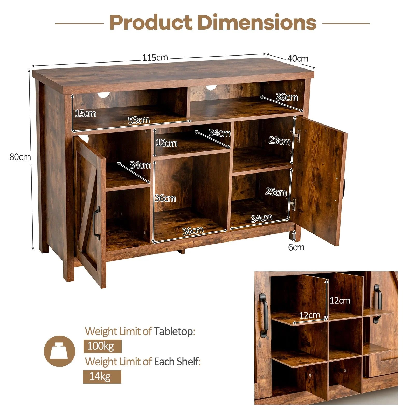 Buffet Storage Cabinet with Detachable 9-Bottle Wine Rack and 2 Door Cabinets