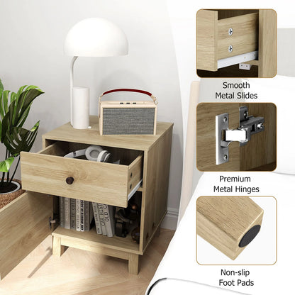 Modern Rattan Nightstand with Storage Drawer and Cabinet