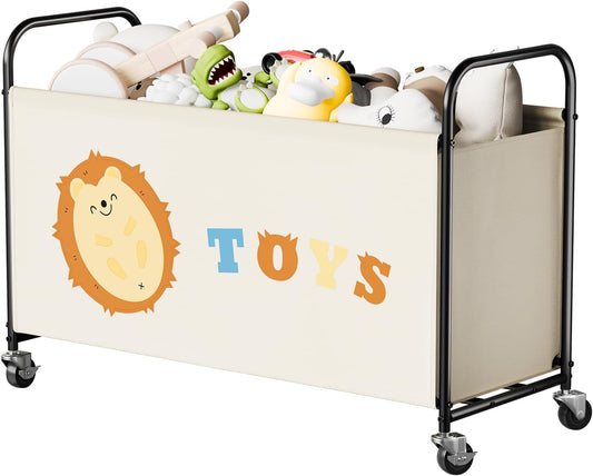Toy Chest with Wheels, 135L Extra Large Toy Box, Storage Organiser for Kids Toys, Metal Toy Box Storage for Girls, Toy Bin for Children Nursery Play Room Organising Baby Plush Toys, Beige