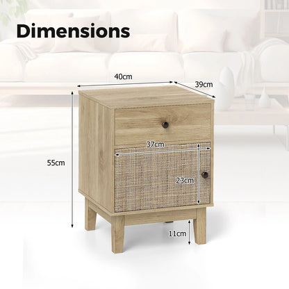 Modern Rattan Nightstand with Storage Drawer and Cabinet