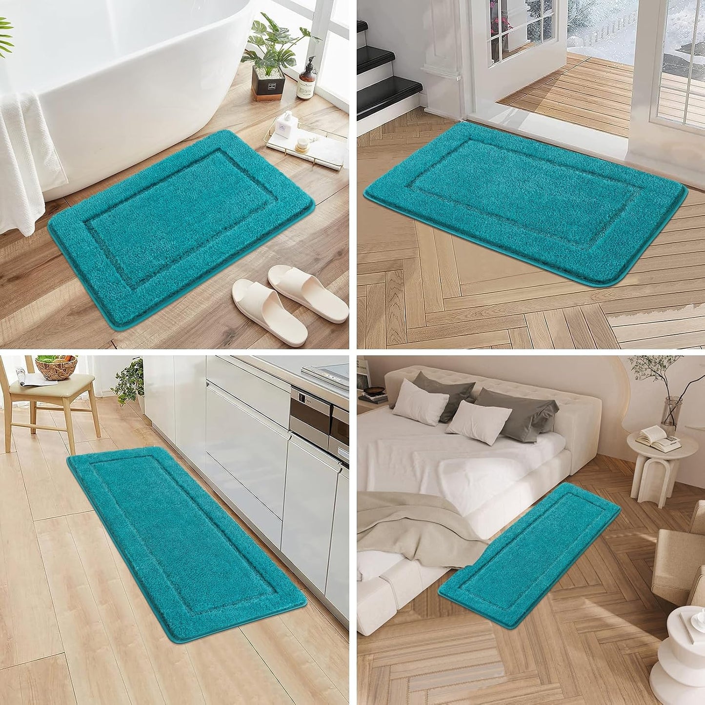 Non Slip Bath Mat Set 3 Piece Shaggy Microfiber Machine Washable Bath Mats with Toilet Rug Absorbent Soft Shower Rug for Bathroom, Turquoise
