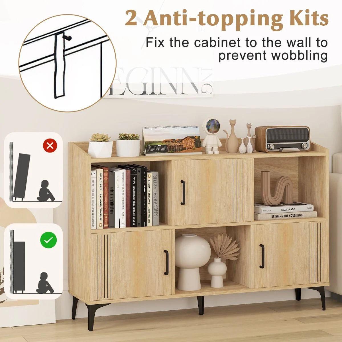 Sideboard Storage Cabinet Bookcase with 3 Doors and Open Compartments
