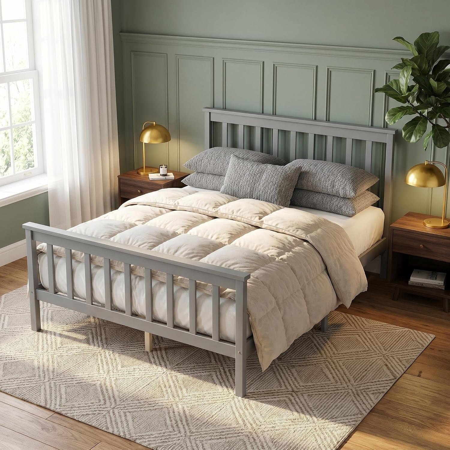 4FT6 Double Bed Frame Pine Wood Bed with Slats Bed for Kids (Grey, Double)