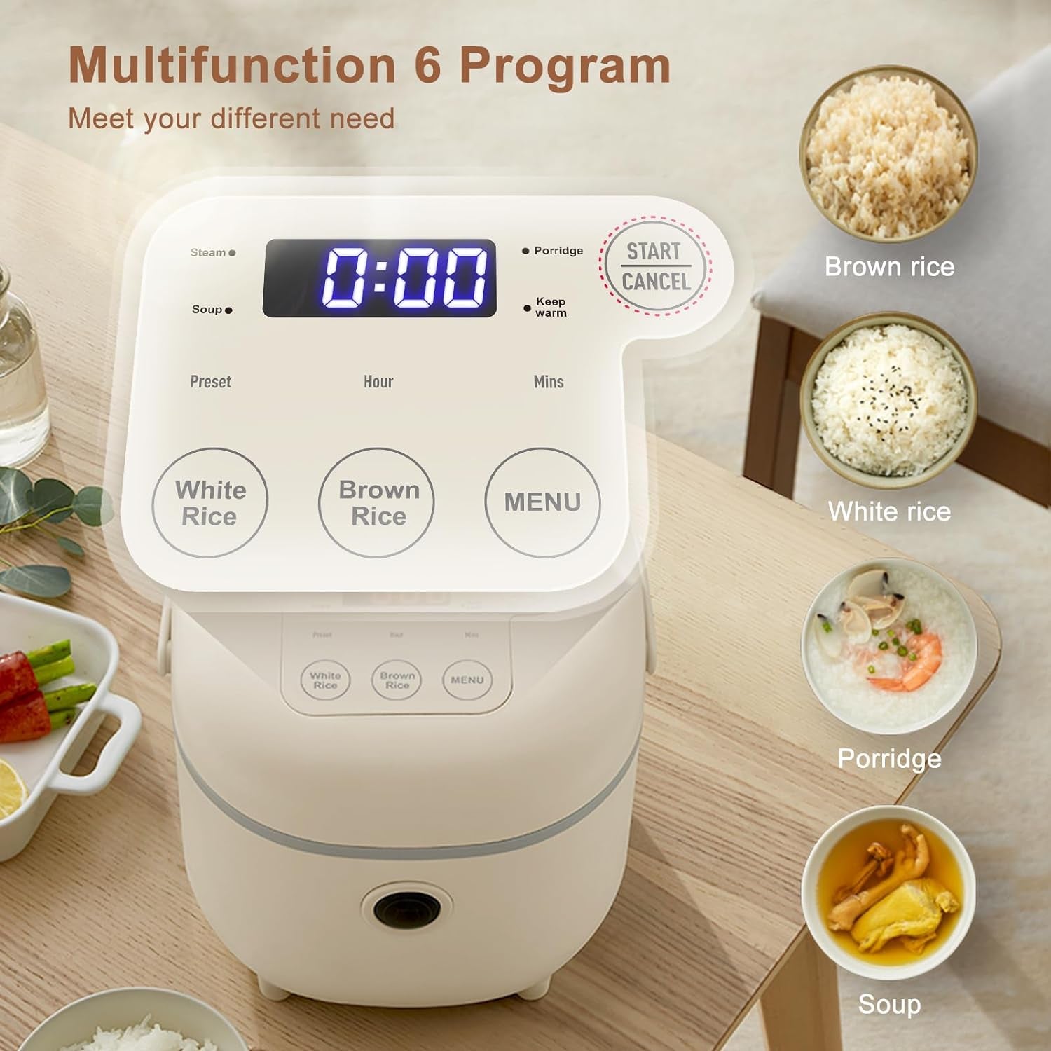 Small Rice Cooker, 4 Cup 2L Multifunctional with Steamer, Yellow | Smart Control, 7-Step Cooking; 6-In-1: Rice, Porridge, Soup, Steam, Keep Warm; Non-Stick Pot, Removable Lid, Compact