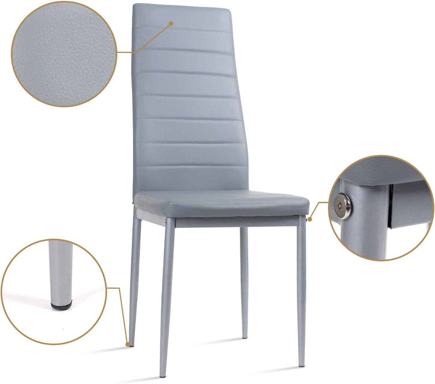 Glass Table and Chairs Set 4, 75Cm Square Table with 4 Faux Leather High Back Chairs Modern Dining Room Sets for Home Kitchen Office, Grey