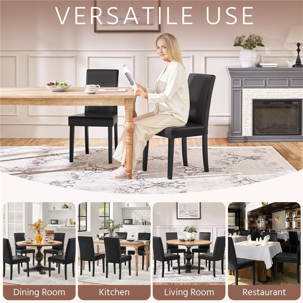 Faux Leather Dining Room Chair Set of 4 with High Back, Black | Upholstered Kitchen Chairs, 10.5Cm Thick Seat Cushion Armless Side Chairs with Solid Wood Legs for Dining Room, Living Room