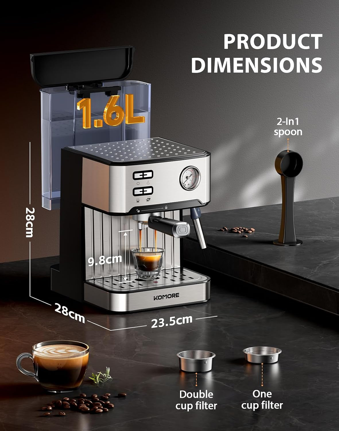 Espresso Machine, 20 Bar, 1.6L, Stainless Steel Coffee Machines | Milk Frother, Removable Water Tank, Warm Cup Area, Memory Function, Latte Machine, Espresso & Cappuccino Machines for Home